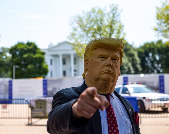 man wearing Donald Trump mask standing in front of White House
